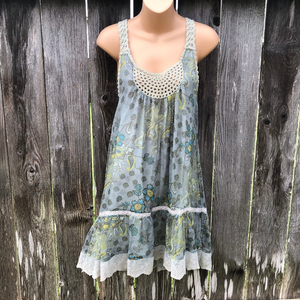 hazel Teal Blue Floral Crochet-Trim Mini Dress